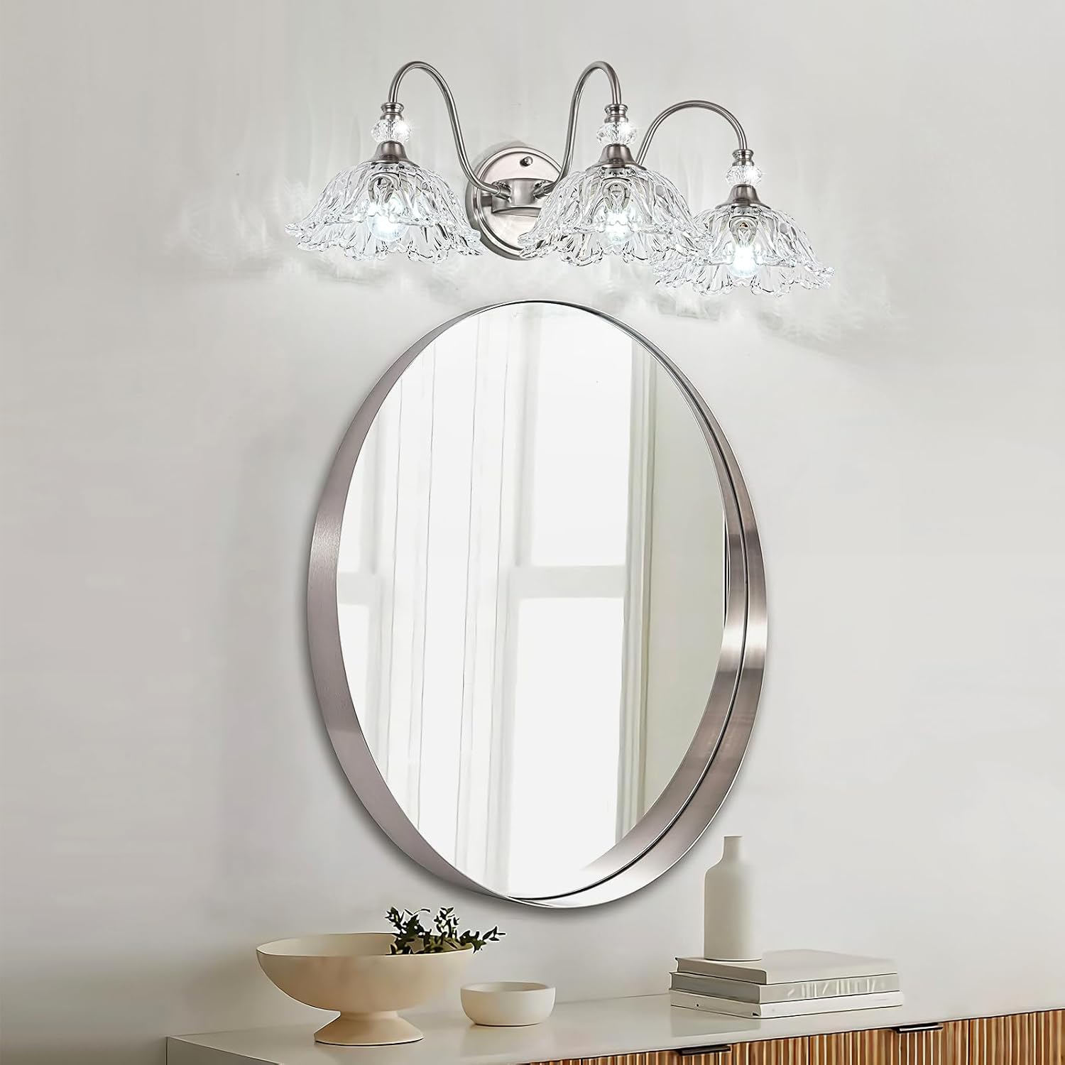 Brushed Nickel 3-Light Bathroom Vanity Light with Floral Clear Glass Shades, Brushed Nickel Wall Mount Lighting for Bathroom, Dressing Table