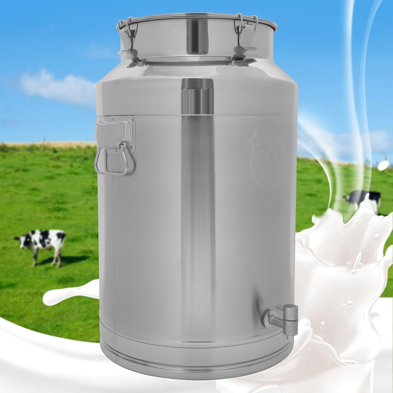 Milk Can with Spigot, 304 Stainless Steel Milk Dispenser Container Pail, 20Gal Stainless Steel Water Jug 76L Hanging Lid Bucket Drink Beverage Dispenser for Oil Tea Wine
