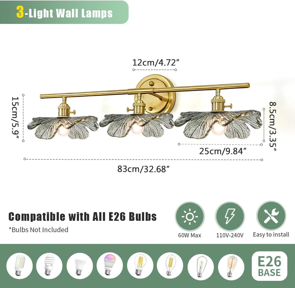 3 Light Bathroom Vanity Light Vintage Wall Sconce Gold Vanity lighting fixtures Over Mirror mid Century Modern Wall lamp with Dark Green Glass Shade Indoor Wall Light for Bedroom Hallway Living Room