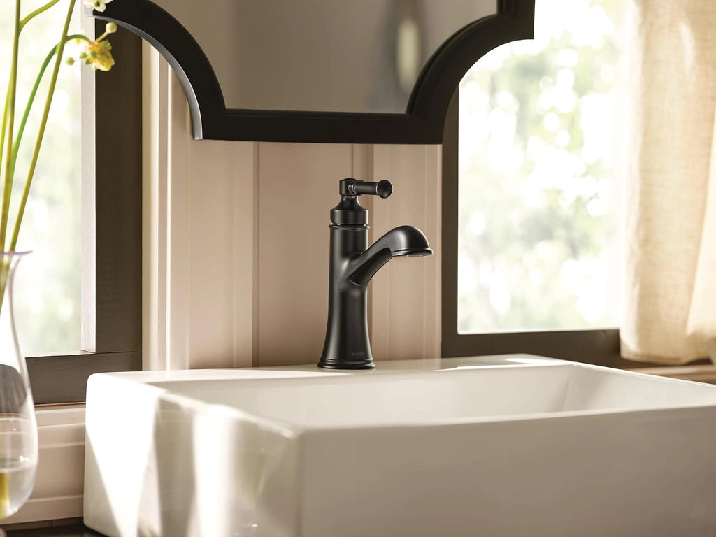 Moen Dartmoor Matte Black Single Handle Bathroom Sink Faucet with Optional Deckplate, 6803BL