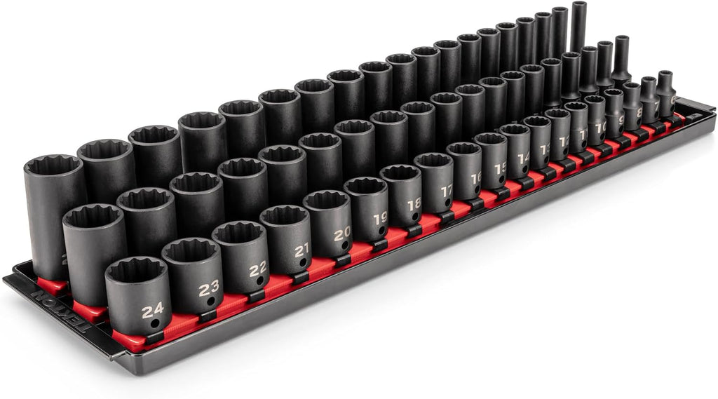 TEKTON 3/8 Inch Drive Shallow, Semi-Deep, and Deep 12-Point Impact Socket Set with Rails and Trays, 57-Piece (6-24 mm) | SID91123