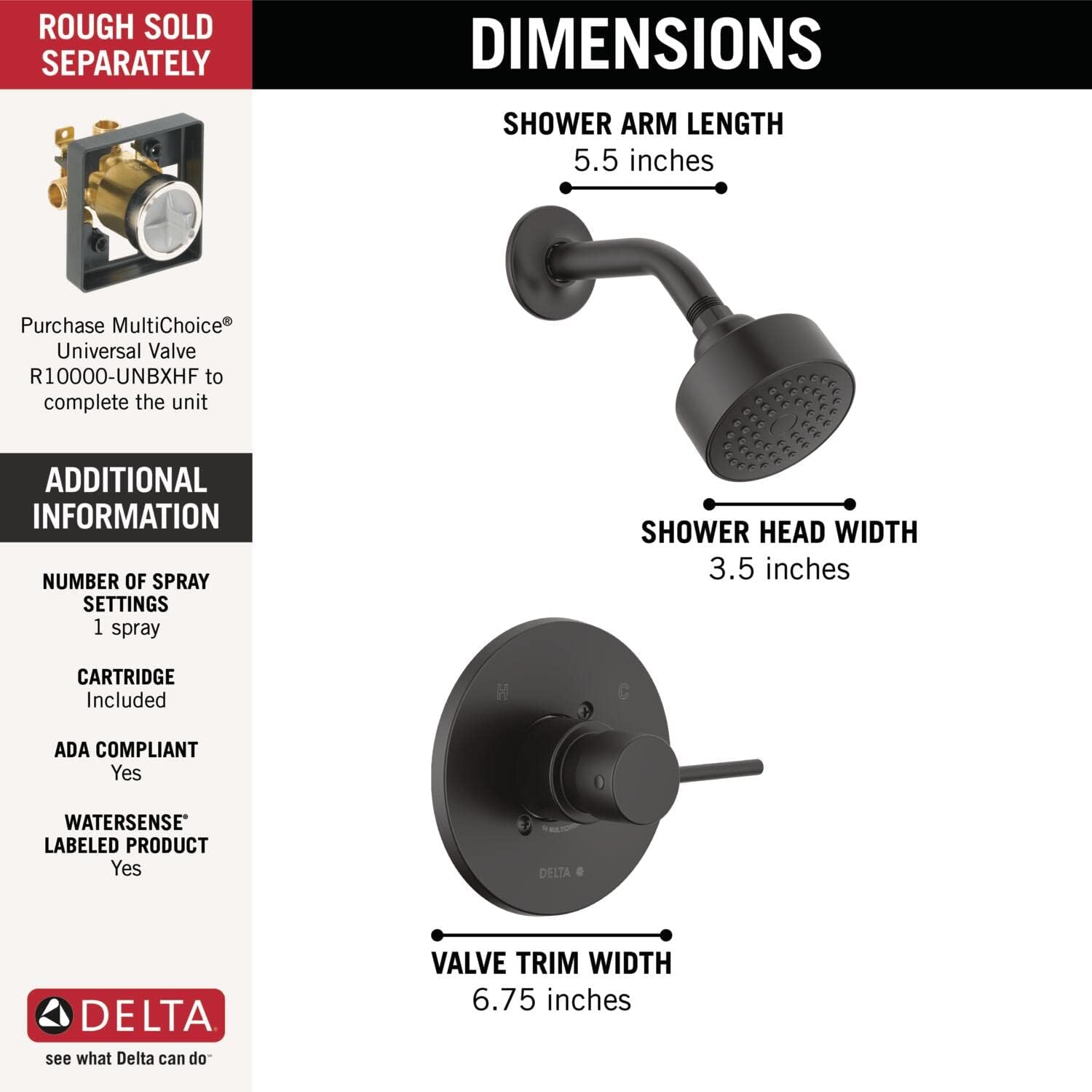 Delta Modern 14 Series Shower Faucet Set, Matte Black Shower Head and Handle Set, Valve Trim Kit, Matte Black T14259-BL-PP (Valve Not Included)