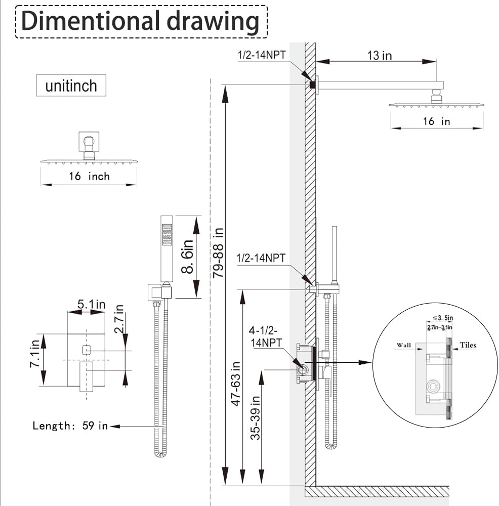 Matte Black Shower System 16 Inch Bathroom Luxury Rain Mixer Shower Combo Set Wall Mounted Rainfall Shower Head and Handheld System Shower Faucet Set Rough-in Valve Body and Trim Kit