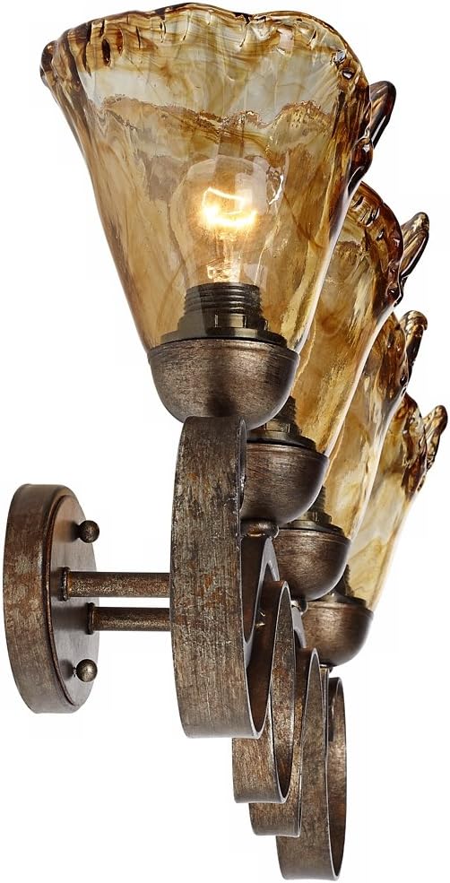 Franklin Iron Works Amber Scroll Rustic Vintage Wall Mount Light Golden Bronze Silver Metal 29 1/2' Wide 4-Light Vanity Fixture Organic Art Glass Shades Decor for Bathroom Over Mirror House Home