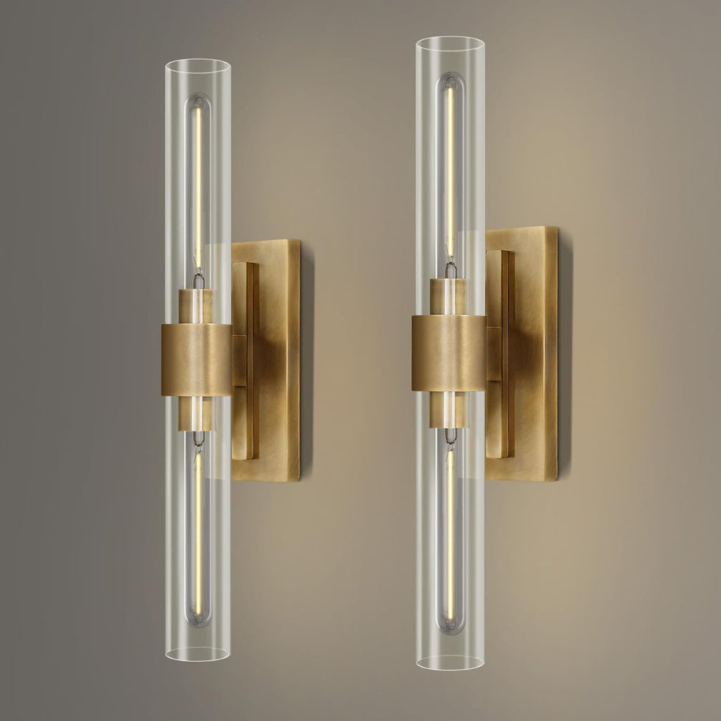 Gold Wall Sconces Set of Two, Brass 22.8' Sconces Wall Lighting,Bathroom Vanity Lights with Clear Glass Shade for Mirror, Living Room, Bedroom, Hallway, Fireplace, Staircase（Including Bulb）