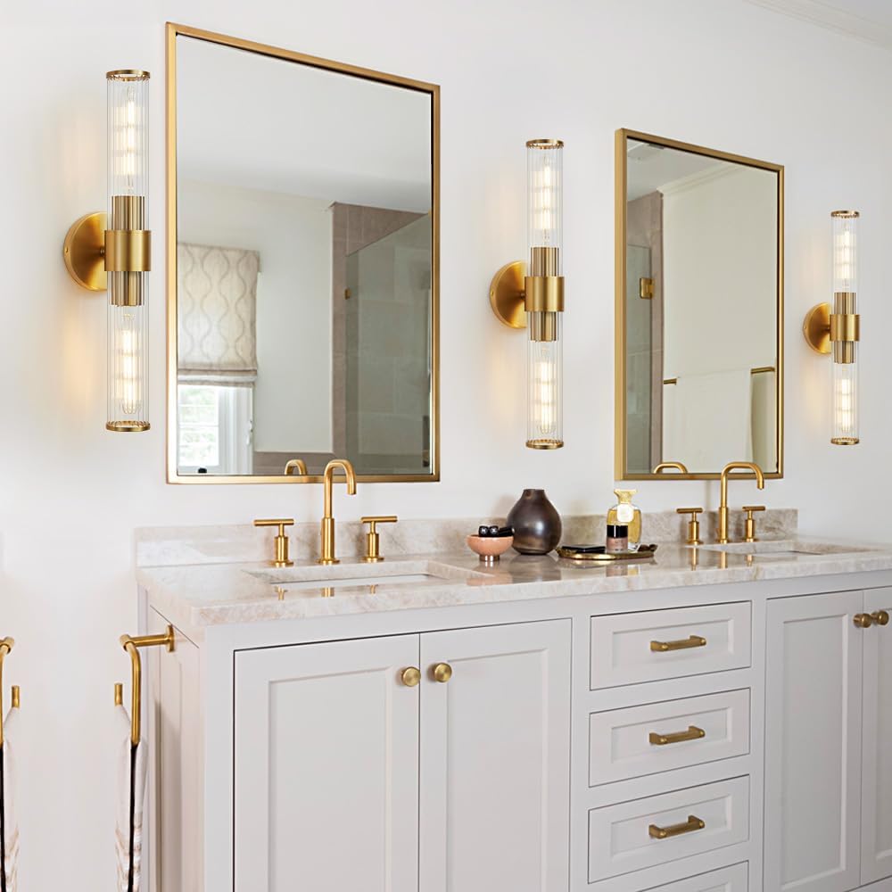 Gold Bathroom Light Fixtures 2 Pack, Hardwired Vanity Lights for Mirror with Threaded Glass Shade, 20 Inch Up and Down Wall Sconces for Bathroom Bedroom Living Room, Bulb Not Included