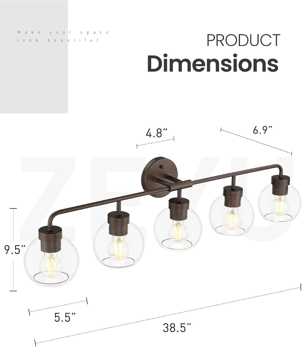 zeyu 5-Light Modern Vanity Light Fixture, 38.5 Inch Bathroom Light Fixtures Wall Mount with Clear Glass Globe Shade, Oil Rubbed Bronze Finish, ZS62BG-5W ORB
