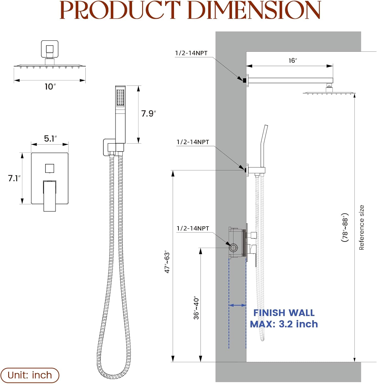 Longriver S200 Shower Faucet Set, Shower System Bathroom High Pressure 10 Inches Rainfall Shower Head with Handheld Spray, Wall Mounted Shower Fixtures with Shower Valve and Trim Kit, Brushed Gold