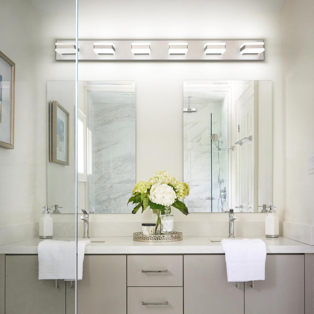 SOLFART LED Modern Bathroom Vanity Lights Over Mirror, Brushed Nickel Vanity Light Fixture 6 Light, LED Nickel Bathroom Lights Cool Light 6000K
