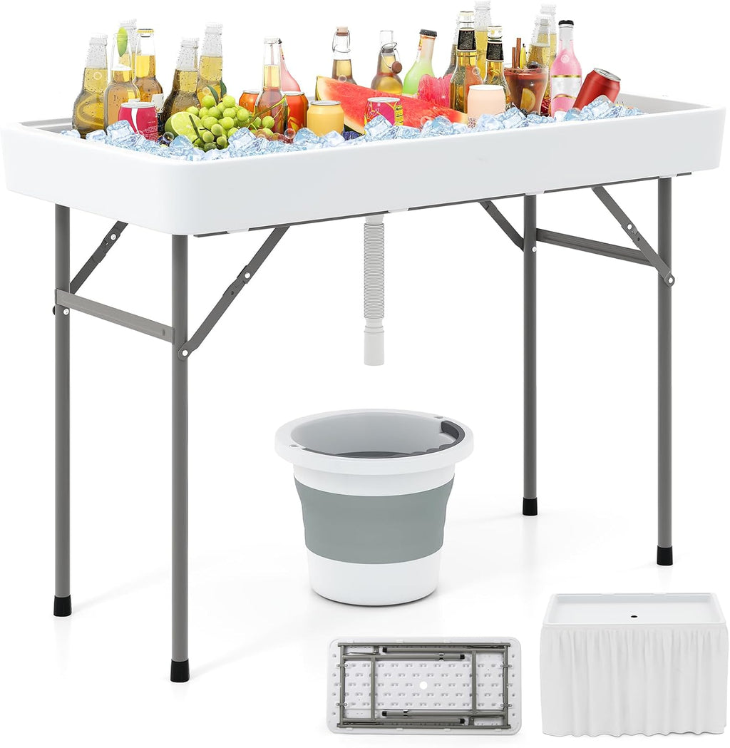 KOTEK Folding Ice Cooler Table, 4 FT Portable Ice Table with Drain, Matching Skirt & Foldable Bucket, Buffet Beverage Server for Party, Picnic, Camping