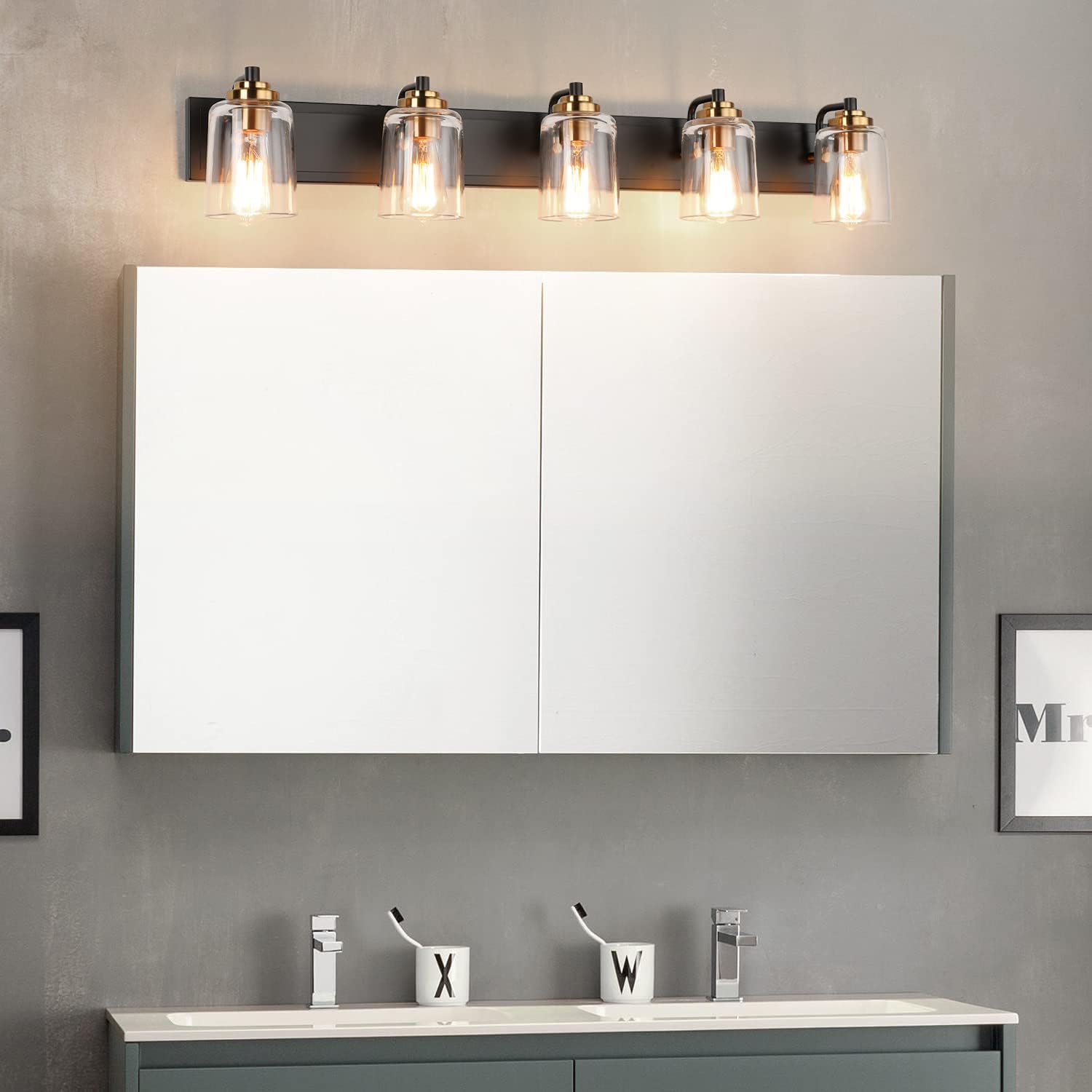 SOLFART 5 Lights Vintage Vanity Lighting Over Mirror Brass Bathroom Vanity Light Fixtures Thick Globes 8580 Lights
