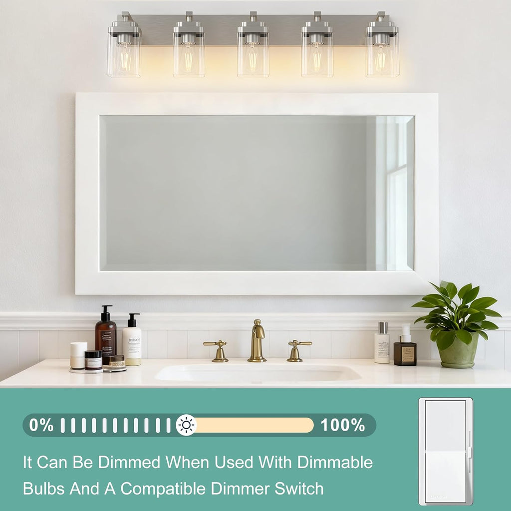 Brushed Nickel Bathroom Light Fixtures, 5 Lights Bathroom Lighting Fixtures Over Mirror, Square Design & Rectangle Large Backplate, Modern Vanity Lighting Fixtures, for Living Room/Bedroom