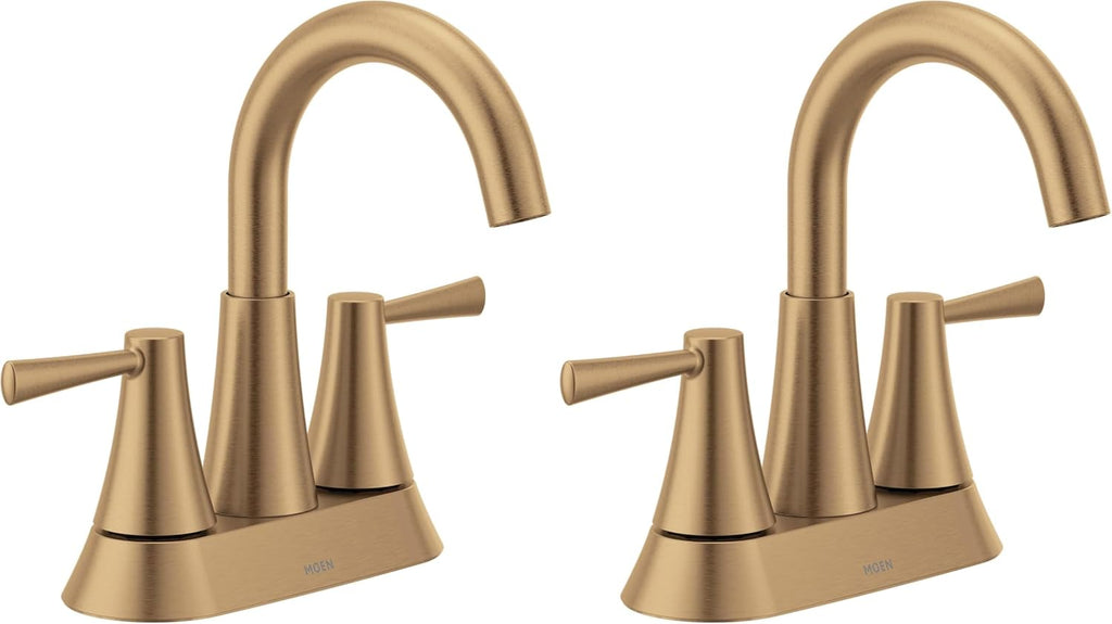 Moen Ronan Bronzed Gold Two-Handle 4' Centerset Modern Bathroom Faucet with Push-Down Drain, 84022BZG (Pack of 2)