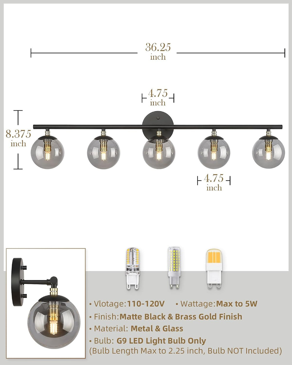 LMS 5-Light Matte Black Vanity Light, Modern Bathroom Lighting Over Mirror, Black and Brass Gold Finish with Globe Glass Shade, LMS-116-5