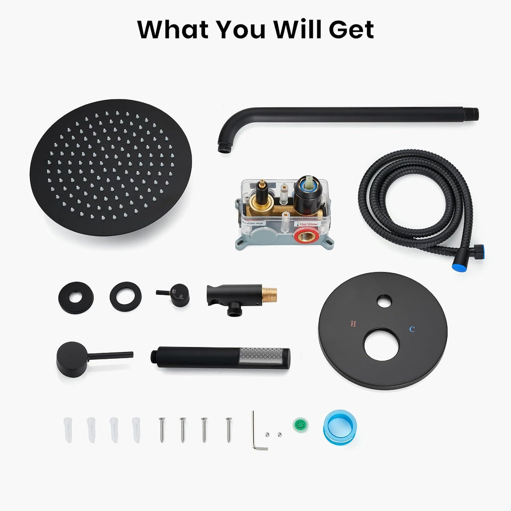 gotonovo Shower System 10 Inch Round Rainfall Showerhead Wall Mounted High Pressure Shower Faucet Set Fixture Combo with Rough in Valve and Cylindrical Handheld Spray, Matte Black