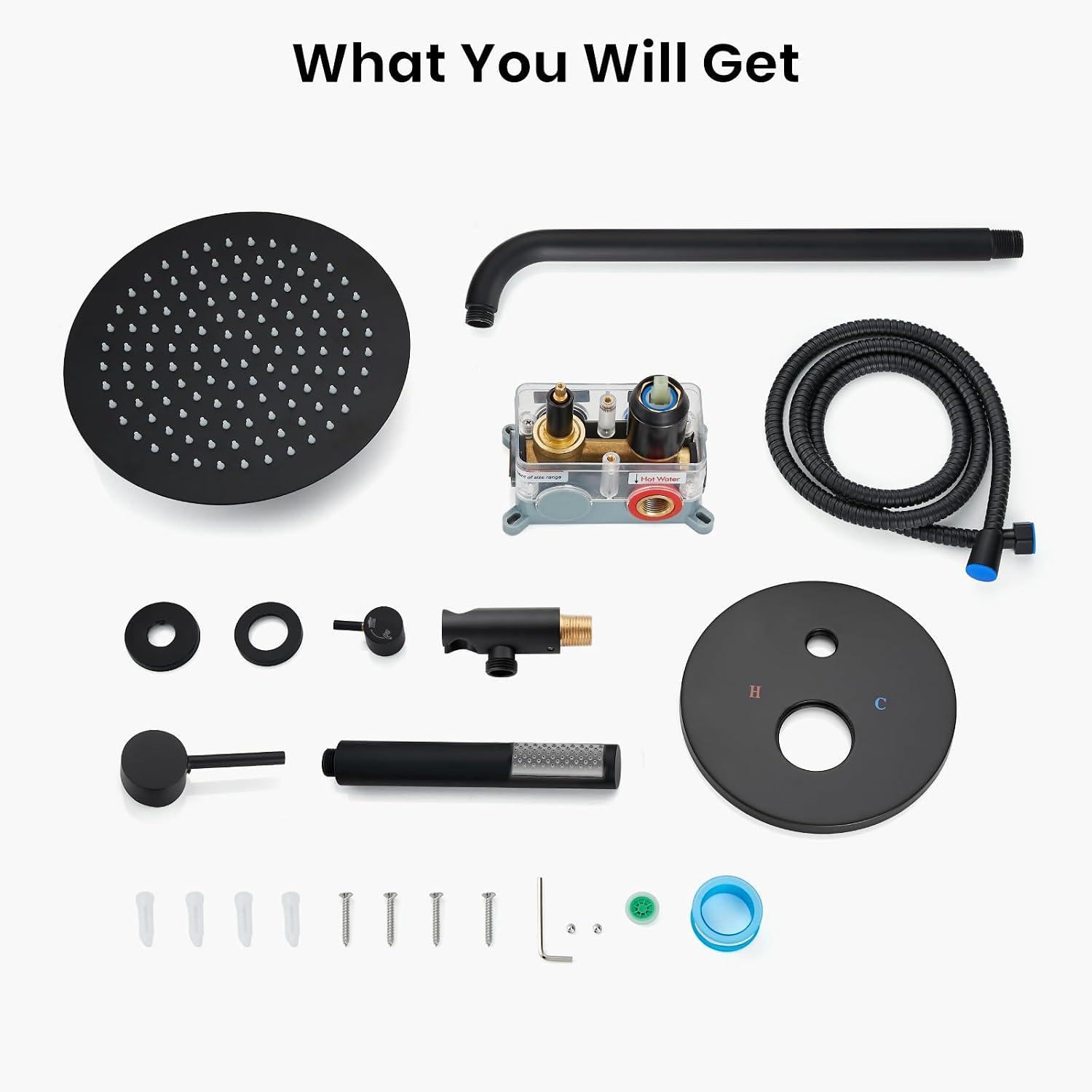 gotonovo Shower System 10 Inch Round Rainfall Showerhead Wall Mounted High Pressure Shower Faucet Set Fixture Combo with Rough in Valve and Cylindrical Handheld Spray, Matte Black