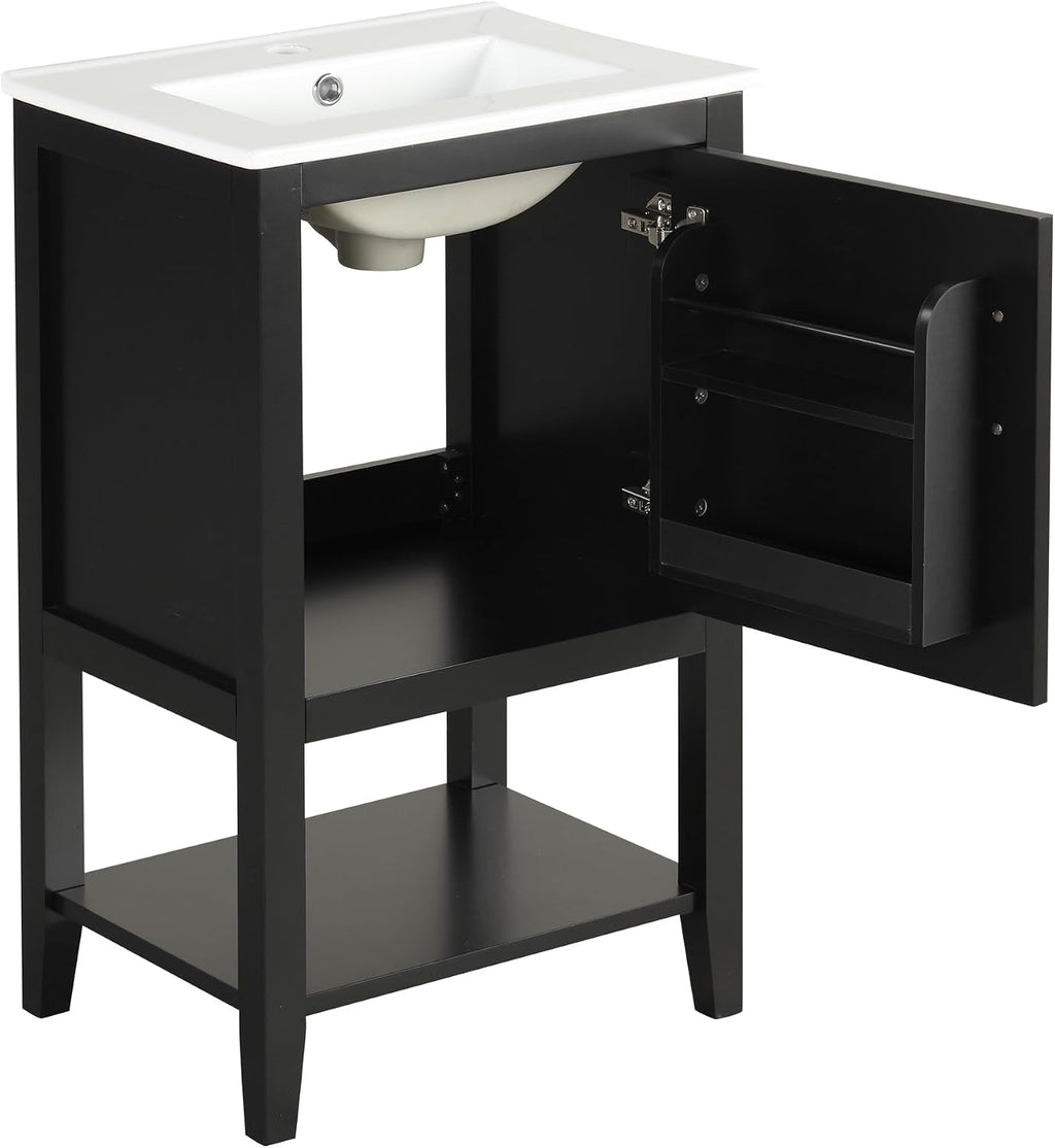 Bellemave 20' Small Bathroom Vanity with Sink, Modern Bathroom Storage Cabinet with Door and Storage Rack, Free Standing Single Basin Vanity with Open Shelf, Undermount Ceramic Sink, Black