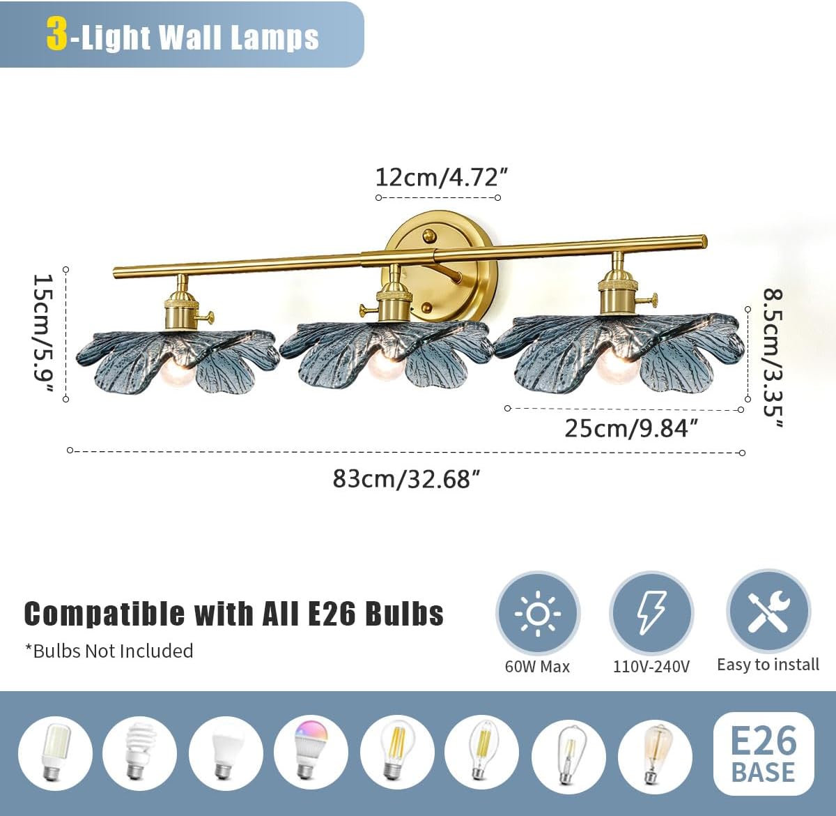 Vintage Bathroom lighting fixtures Gold Brass Bathroom Vanity Light 3-Light Modern Wall Sconce Indoor Wall Light with Blue Glass flower Shade Mid Century Wall Lighting for Bedroom Hallway Living Room