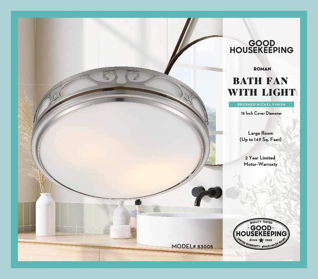 Good Housekeeping Roman (83008) Decorative 110 CFM 3.0 Sones Bathroom Ventilation Exhaust Fan with Light & Night-Light (Brushed Nickel)