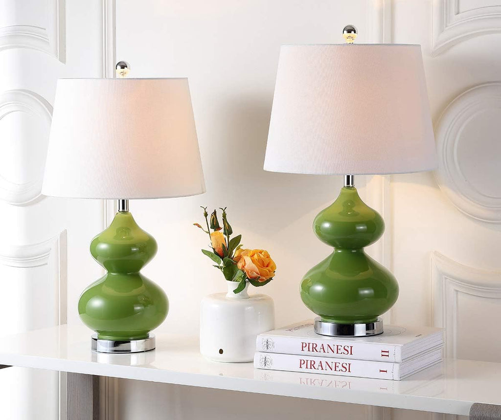 SAFAVIEH Lighting Collection Eva Modern Contemporary Fern Green Double Gourd Glass 24-inch Bedroom Living Room Home Office Desk Nightstand Table Lamp Set of 2 (LED Bulbs Included)