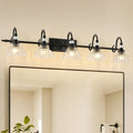 Black Bathroom Vanity Light, 5-Light Matte Black Finish Farmhouse Wall Sconce with Hanging Crystal Accent and Flower-Shaped Clear Glass Shade, Wall Mount Vanity Light Over Mirror for Bathroom