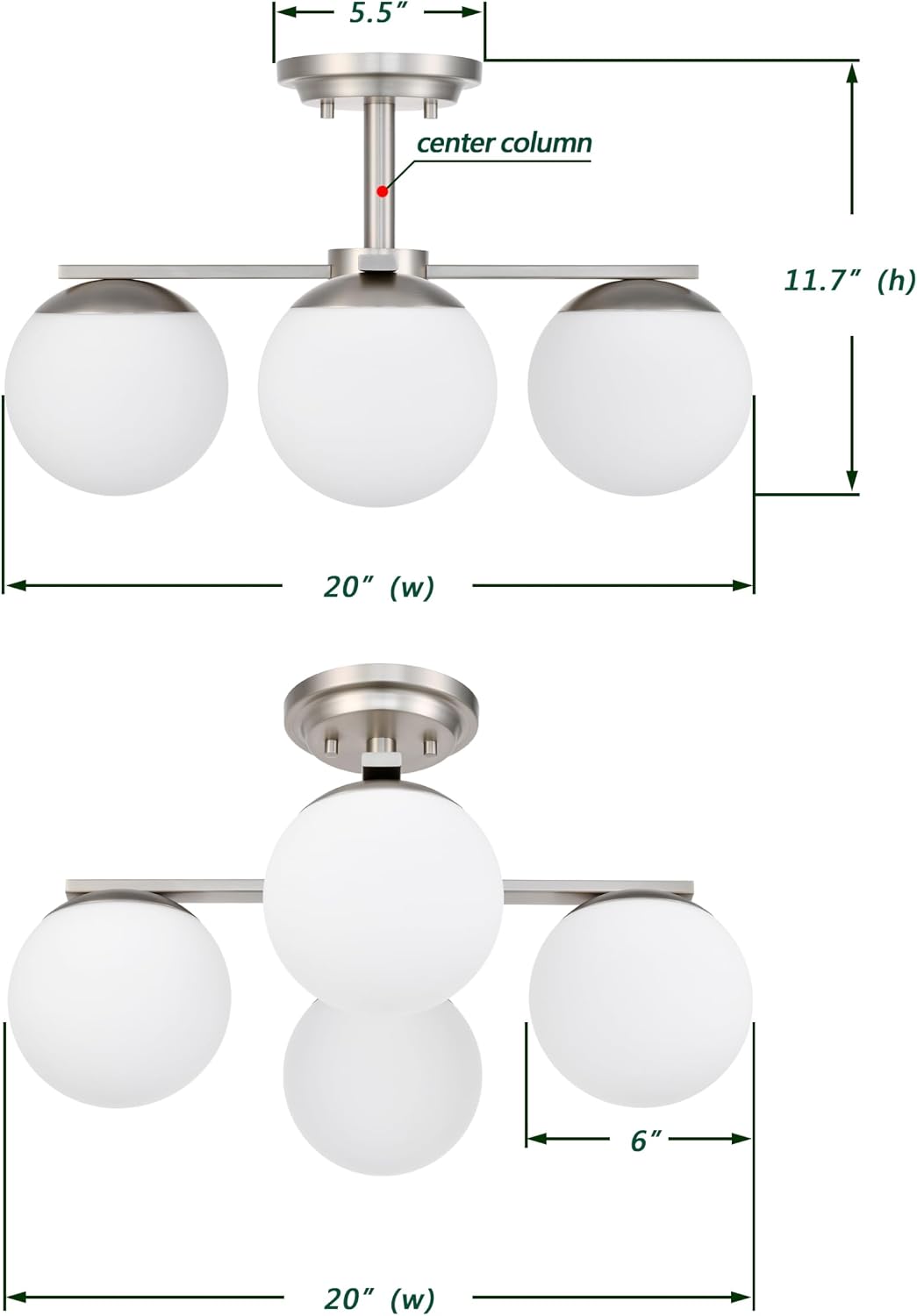 Brushed Nickel Semi Flush Mount Ceiling Light, 4-Ligh Modern Kitchen Lighting Fixtures with Globe Glass Shade, Hallway Light Fixtures Ceiling Mount for Dining Room, Living Room, Bedroom, Foyer