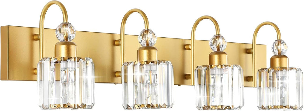 Ralbay Gold Vanity Lights 4-Lights Gold Crystal Bathroom Vanity Lights Over Mirror Modern Crystal Bathroom Wall Lighting Fixtures