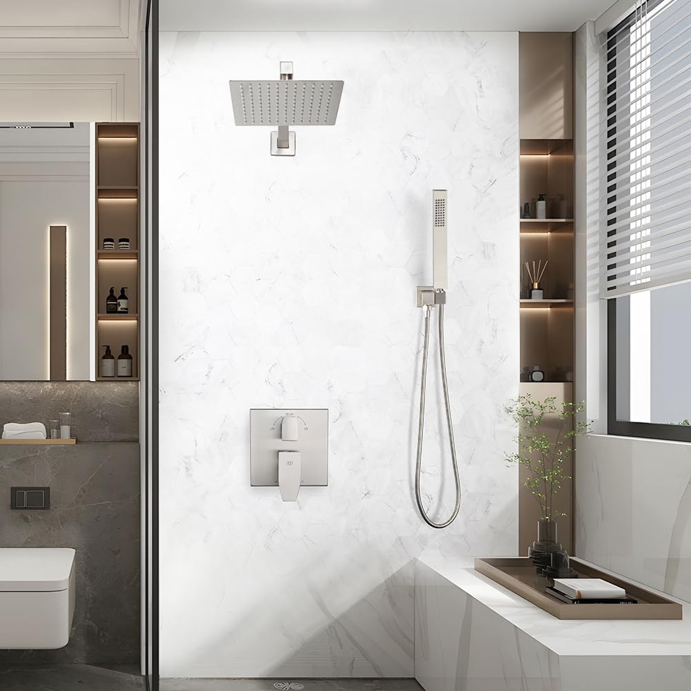 Shower Faucet Set Brushed Nickel Rainfall 8 Inch Shower Head and Handle Set Bathroom Rain Shower System Wall Mounted Shower Fixture Include Shower Valve and Trim Kit