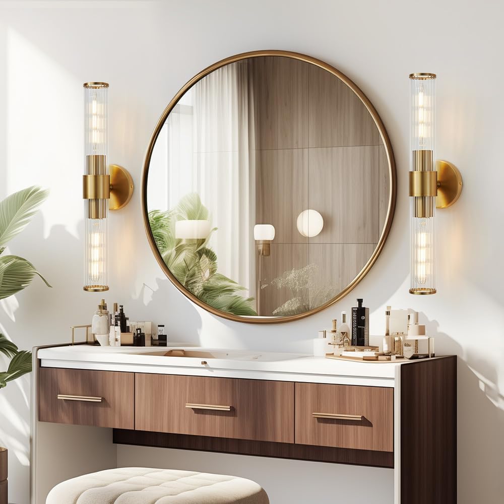 Gold Bathroom Light Fixtures 2 Pack, Hardwired Vanity Lights for Mirror with Threaded Glass Shade, 20 Inch Up and Down Wall Sconces for Bathroom Bedroom Living Room, Bulb Not Included
