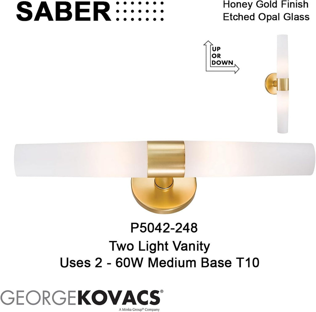 GEORGE KOVACS P5042-248 Saber Vanity Bath Light, 2-Light, 120 Total Watts, 4.75-in H x 20-in W, Honey Gold