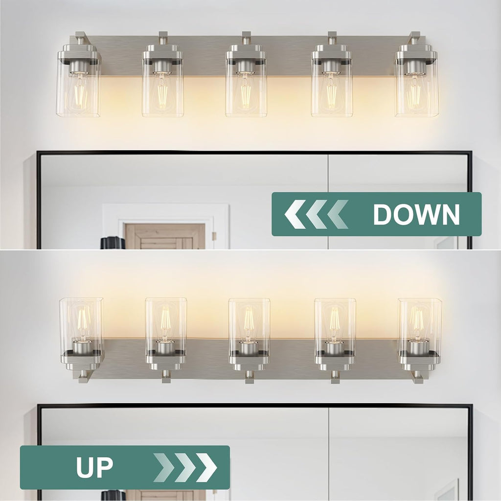Brushed Nickel Bathroom Light Fixtures, 5 Lights Bathroom Lighting Fixtures Over Mirror, Square Design & Rectangle Large Backplate, Modern Vanity Lighting Fixtures, for Living Room/Bedroom