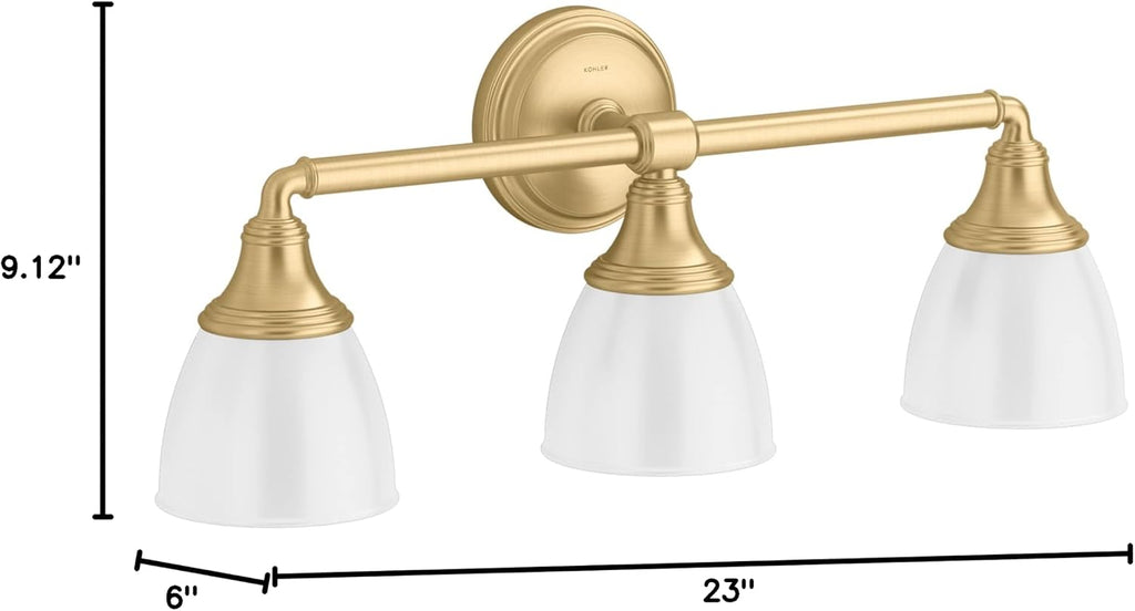 Kohler 10572-2GL Devonshire Bathroom Vanity Fixture, Wall Sconce Lighting, Position Facing Up or Down, UL Listed, 3, Brushed Modern Brass