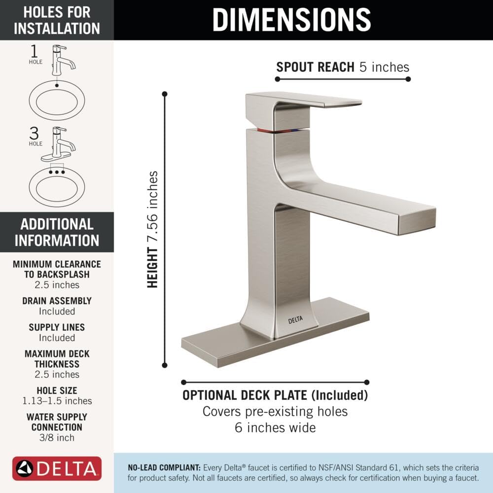 Delta Velum Brushed Nickel Bathroom Faucet 1 Hole, Single Hole Bathroom Sink Faucet for Vanity, Metal Push-Pop Drain Assembly, Stainless 537-SSMPU-DST