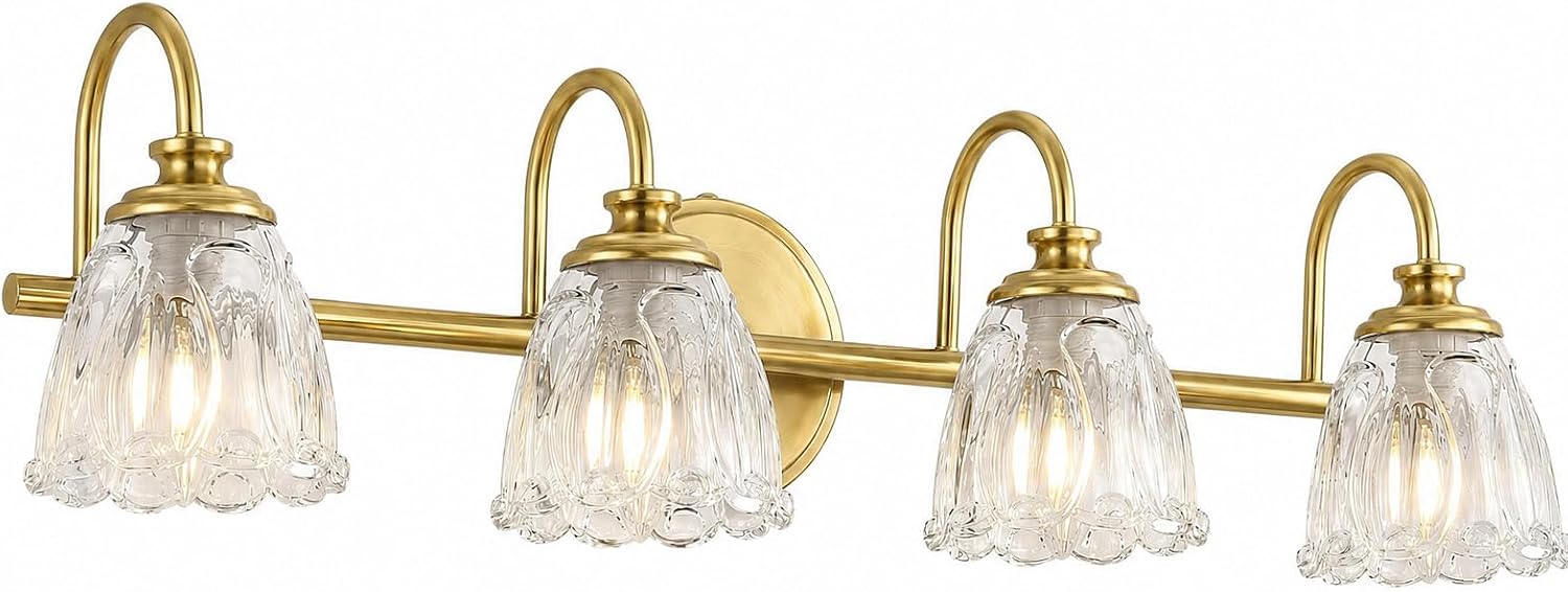 Bathroom Light Fixtures, 4 Light Brushed Gold Vanity Lights for Bathroom with Clear Tulip Crystal Glass Shade, 27 in Vintage Bathroom Vanity Lights Over Mirror for Bedroom, Living Room, Hallway