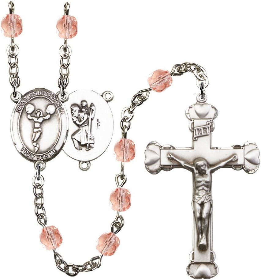 Bonyak Jewelry St. Christopher/Cheerleading Silver-Plated Rosary - Every Birth Month Color and More