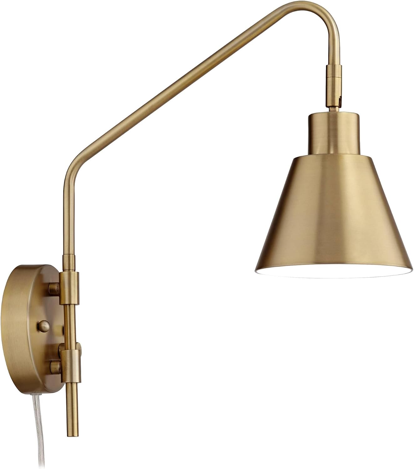 360 Lighting Marybel Modern Adjustable Swing Arm Wall Lamps Set of 2 Brass Gold Plug-in Light Fixture Tapered Cone Metal Shade for Bedroom Bedside House Reading Living Room Home Hallway