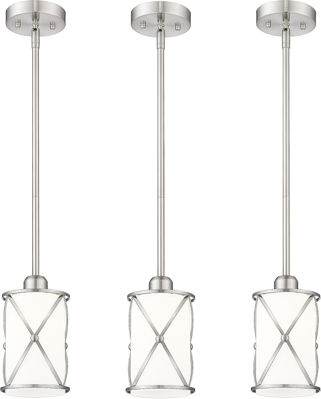 Brushed Nickel Pendant Lights Kitchen Island 3 Pack, Milk Glass Kitchen Pendant Lighting Over Island with Rods, Modern Mini Hanging Light for Sink Dining Room, CH9176BNW-3PK
