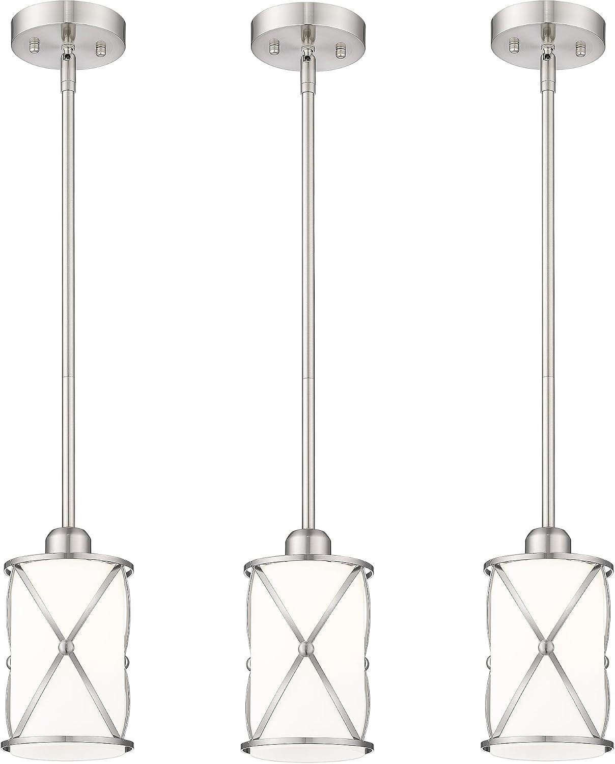 Brushed Nickel Pendant Lights Kitchen Island 3 Pack, Milk Glass Kitchen Pendant Lighting Over Island with Rods, Modern Mini Hanging Light for Sink Dining Room, CH9176BNW-3PK