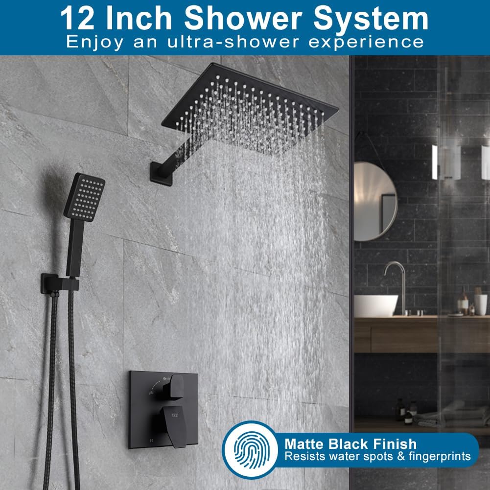 Matte Black Shower Faucet Set Rainfall 12 Inch Shower Head and Handle Set Bathroom Rain Shower System Wall Mounted Shower Fixture Include Shower Valve and Trim Kit