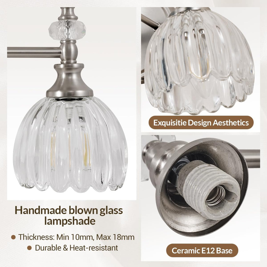 ANDY STAR 3-Light Brushed Nickel Bathroom Vanity Light, Transitional Sconce | Ribbed Glass & Crystal Accent, Damp-Resistant, Ceramic E12 Base, Reversible Up/Down Mounting