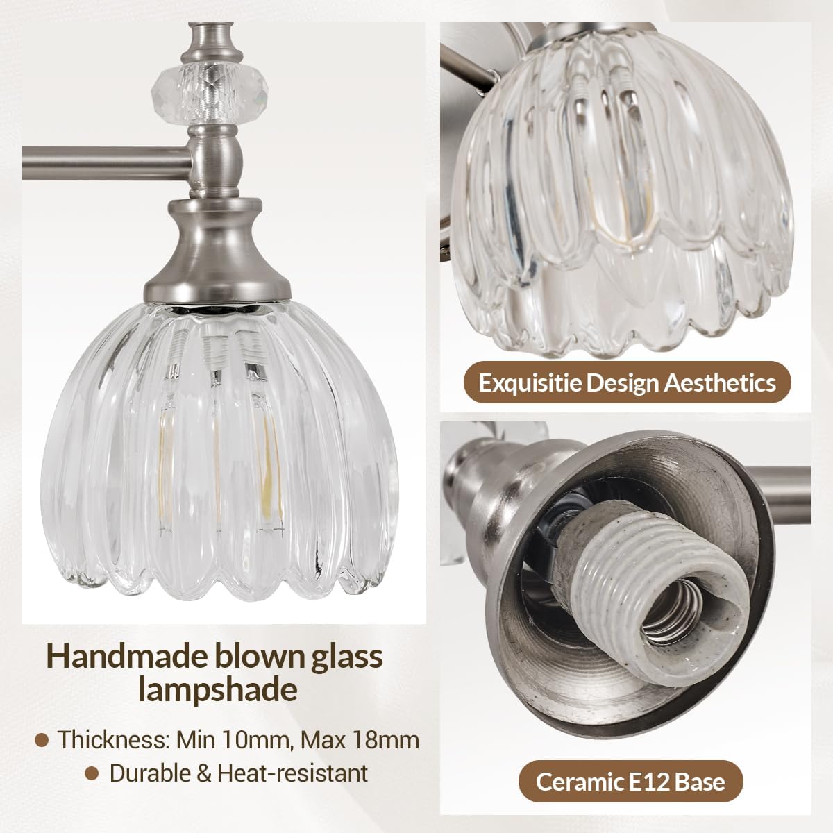 ANDY STAR 3-Light Brushed Nickel Bathroom Vanity Light, Transitional Sconce | Ribbed Glass & Crystal Accent, Damp-Resistant, Ceramic E12 Base, Reversible Up/Down Mounting