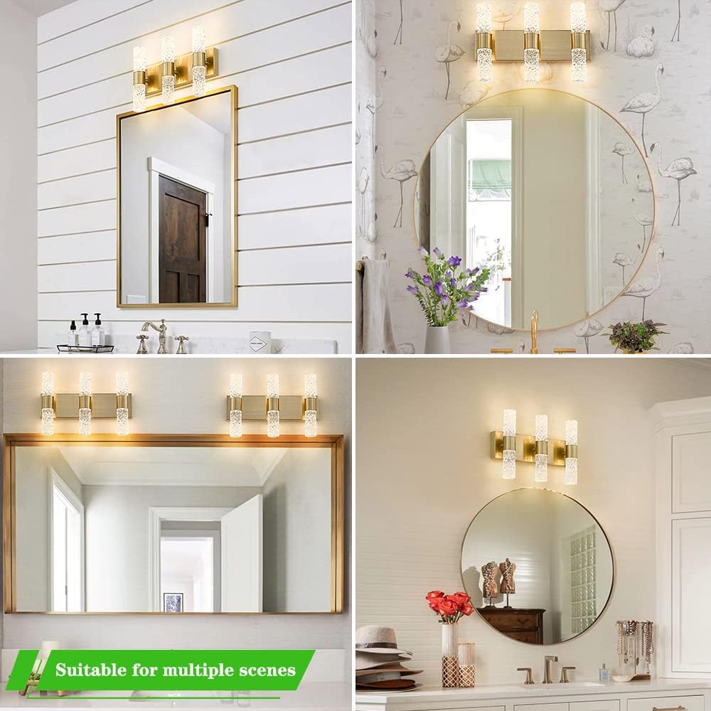 Gold Bathroom Light Fixture, Modern Brushed Vanity Light with Crystal, 6 Light Bathroom Vanity Light Fixtures Over Mirror, 27w LED Hardwired Wall Sconce, Warm White