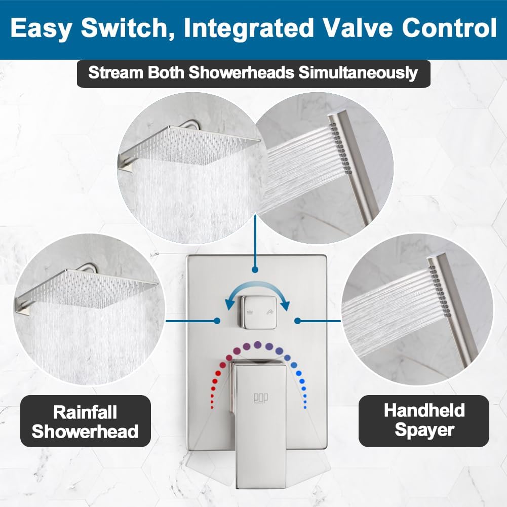Shower Faucet Set Brushed Nickel Rainfall 12 Inch Shower Head and Handle Set Bathroom Rain Shower System Wall Mounted Shower Fixture Include Shower Valve and Trim Kit