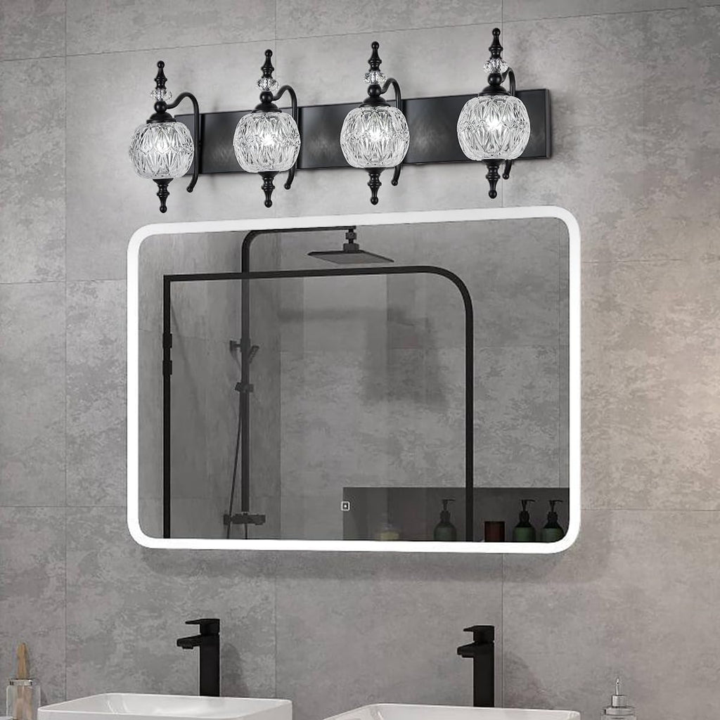 Black 4 Lights Bathroom Vanity Light Fixtures, Modern Bathroom Vanity Lights Painted Black Surface with Thick Crystal Glass Shade, Wall Sconces for Bathroom Bedroom