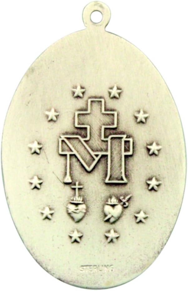 Art Deco Style Miraculous Medal 1 3/8 Inch Sterling Silver Pendant