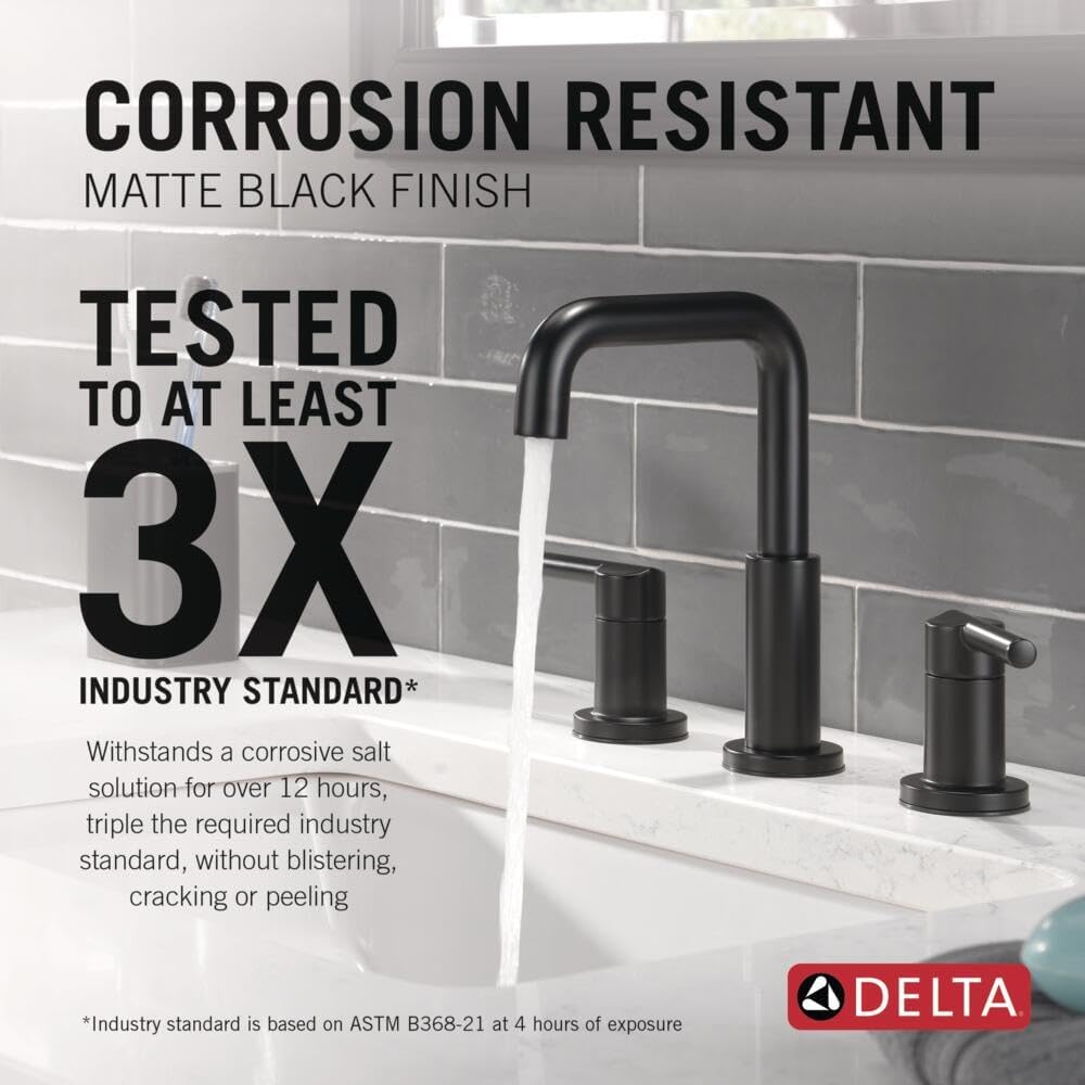 Delta Nicoli Matte Black Bathroom Faucet 3 Hole, 8 Inch Widespread Bathroom Sink Faucet for Vanity, Push-Pop Drain Assembly, Matte Black 35849LF-BL