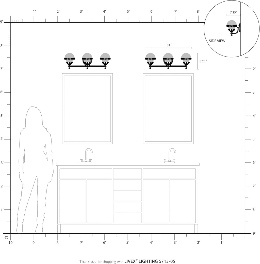 Livex Lighting 5713-05 Oldwick 3 Polished Chrome Bath Light, 24 x 7.25 x 8.25