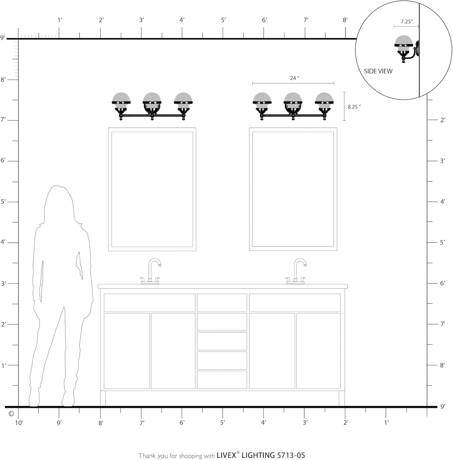 Livex Lighting 5713-05 Oldwick 3 Polished Chrome Bath Light, 24 x 7.25 x 8.25