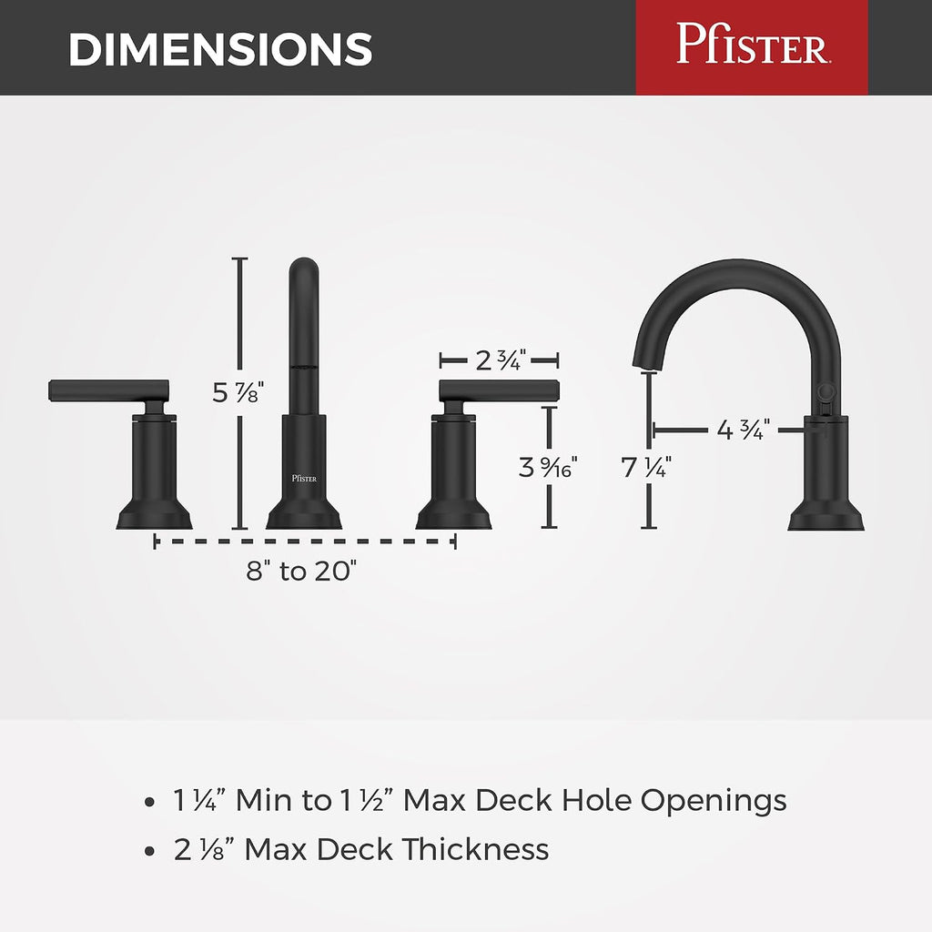Pfister Capistrano Widespread 3 Hole Matte Black Bathroom Sink Faucet with 2 Handles Push & Seal Drain NSF Certified Spot Defense Finish Farmhouse Style Vanity LF049CSOSDB