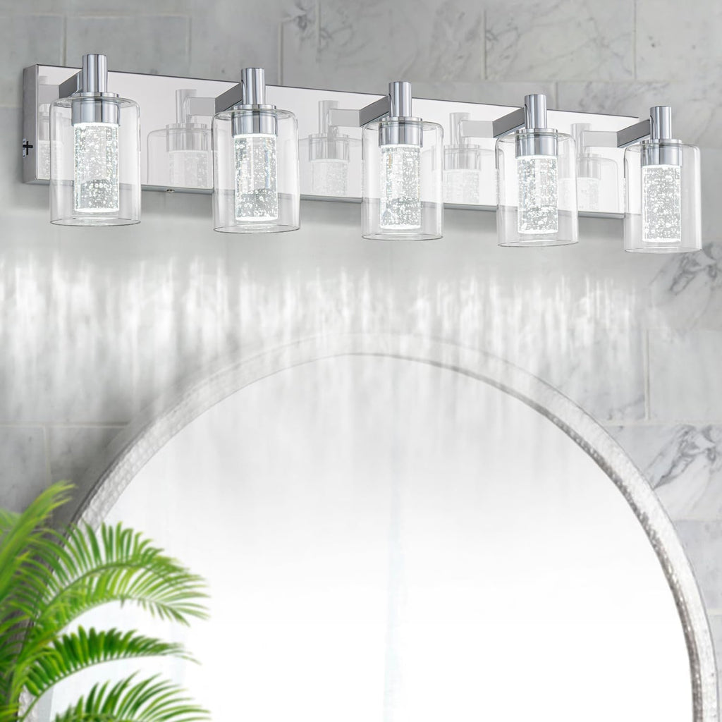 SineRise Vanity Light with 3 Color Modes (3000K/4000K/6000K), Eye Protection LED Bathroom Light Fixture, Dimmable Modern Wall Light Over Mirror with Clear Glass Shade (Chrome, 5-Light)